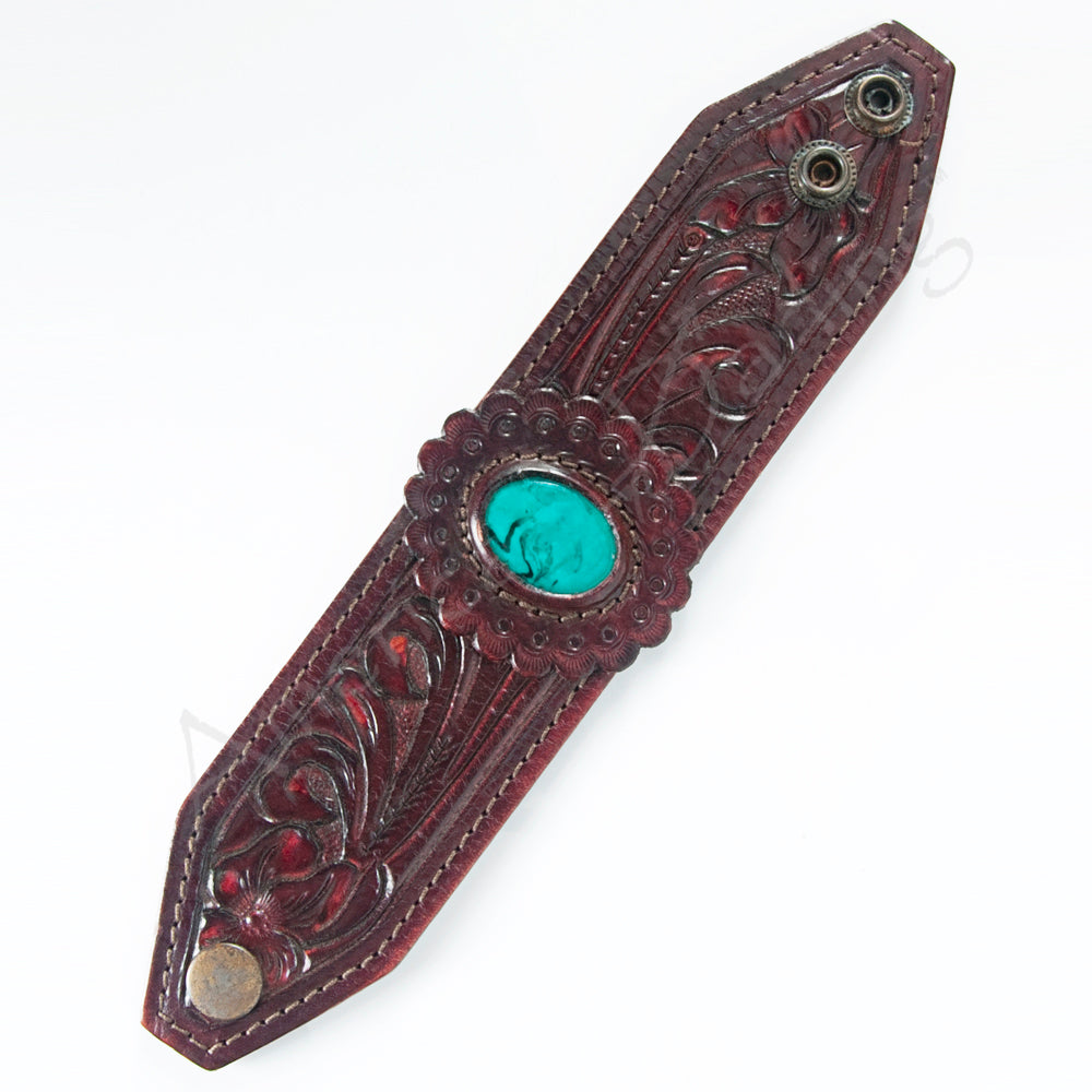 ADBRF138 Hand Tooled Leather Cuff Bracelet - Maroon Floral Design with Turquoise Stone