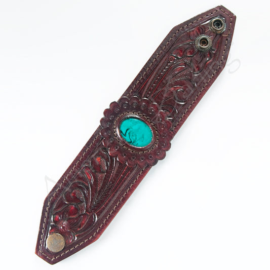 ADBRF138 Hand Tooled Leather Cuff Bracelet - Maroon Floral Design with Turquoise Stone