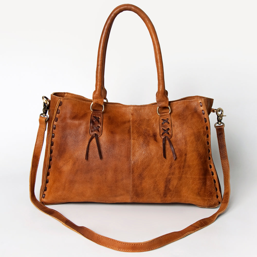 ADBGM127 Distressed Leather Tote Bag - Western Whipstitch Handbag with Crossbody Strap