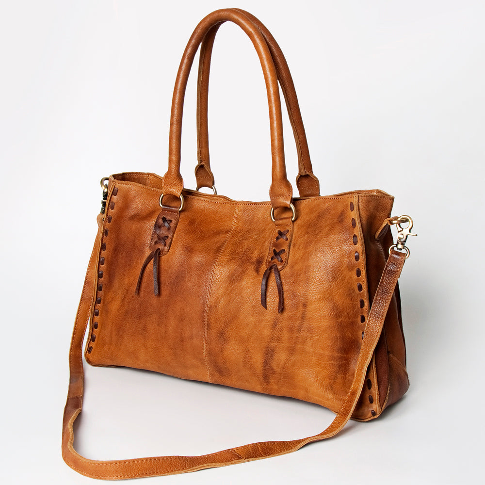 ADBGM127 Distressed Leather Tote Bag - Western Whipstitch Handbag with Crossbody Strap