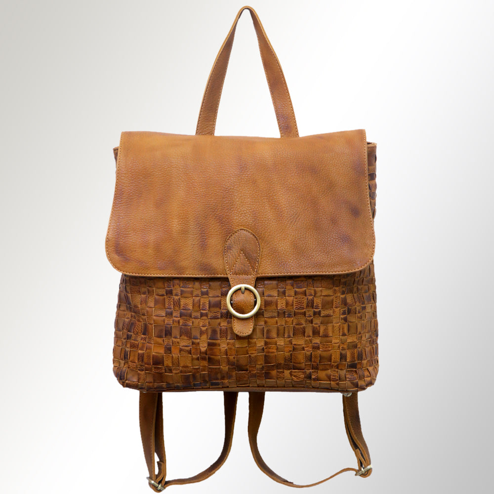 LC-ADBGM135 Woven Leather Backpack - Western-Style Tan Full-Grain Backpack with Ring Flap Closure