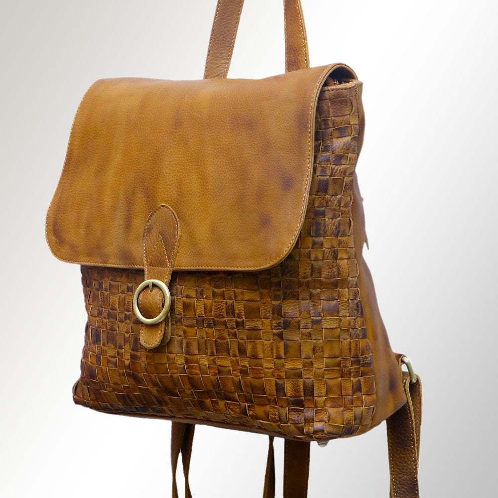 LC-ADBGM135 Woven Leather Backpack - Western-Style Tan Full-Grain Backpack with Ring Flap Closure