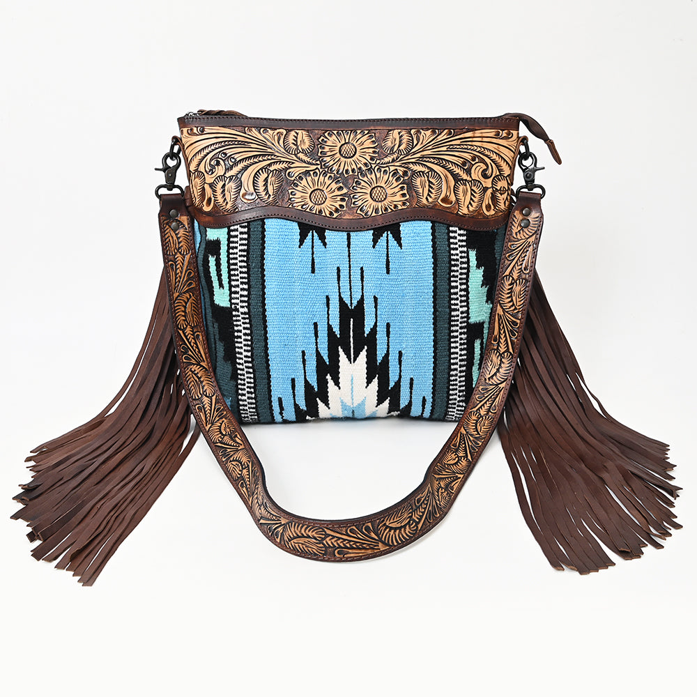 LC-ADBGZ306 Hand Tooled Leather & Wool Aztec Crossbody Bag with Fringe - Turquoise Southwestern Design