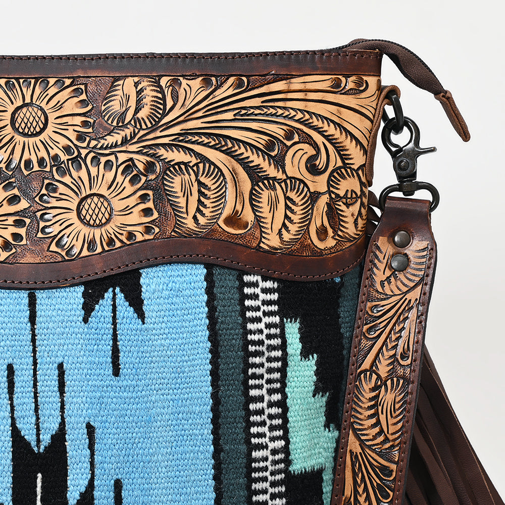 LC-ADBGZ306 Hand Tooled Leather & Wool Aztec Crossbody Bag with Fringe - Turquoise Southwestern Design