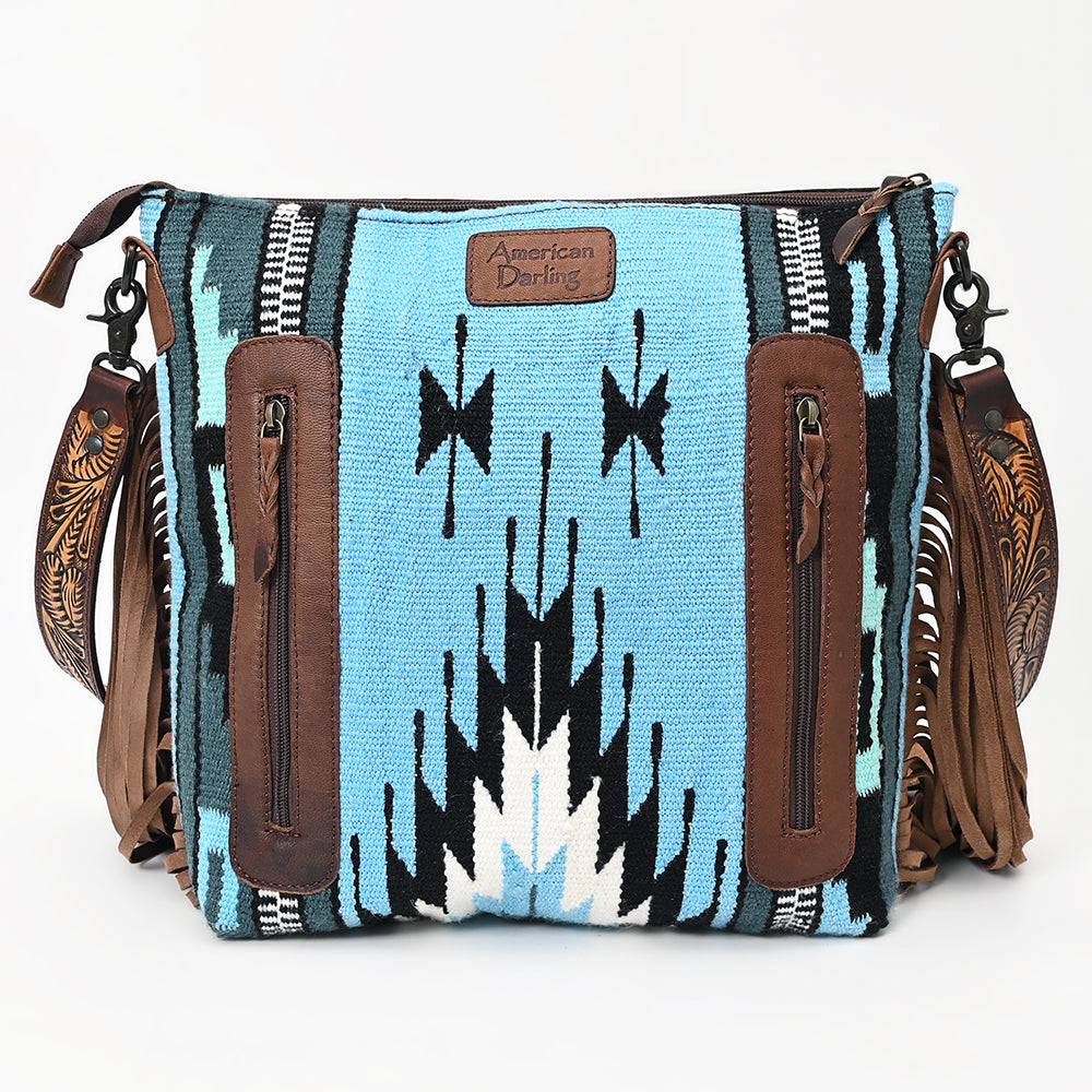 LC-ADBGZ306 Hand Tooled Leather & Wool Aztec Crossbody Bag with Fringe - Turquoise Southwestern Design