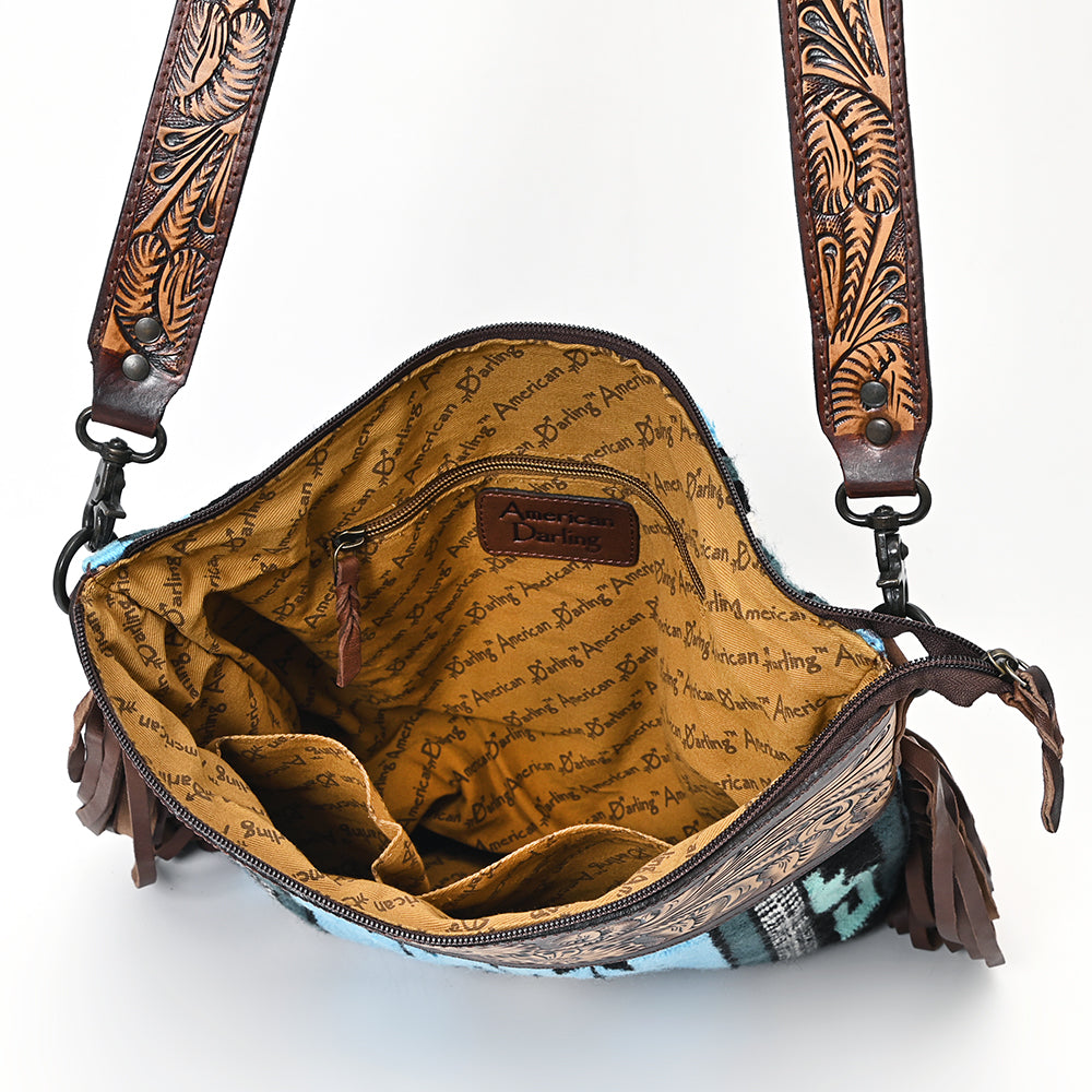 LC-ADBGZ306 Hand Tooled Leather & Wool Aztec Crossbody Bag with Fringe - Turquoise Southwestern Design