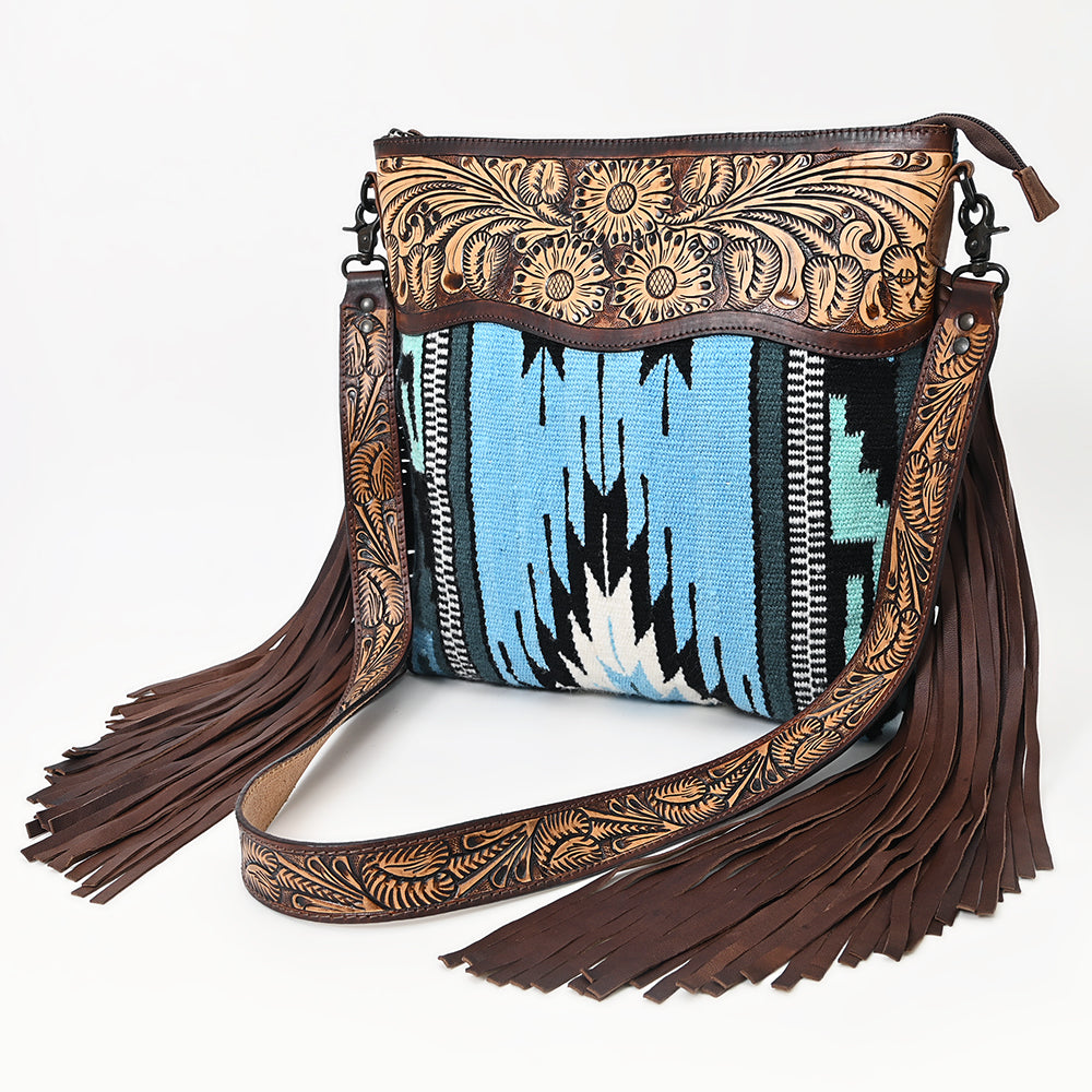 LC-ADBGZ306 Hand Tooled Leather & Wool Aztec Crossbody Bag with Fringe - Turquoise Southwestern Design