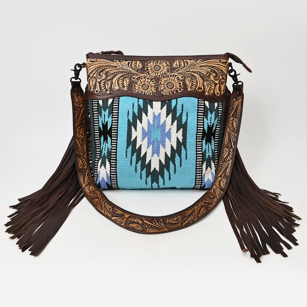 LC-ADBGZ306 Hand Tooled Leather & Wool Aztec Crossbody Bag with Fringe - Turquoise Southwestern Design