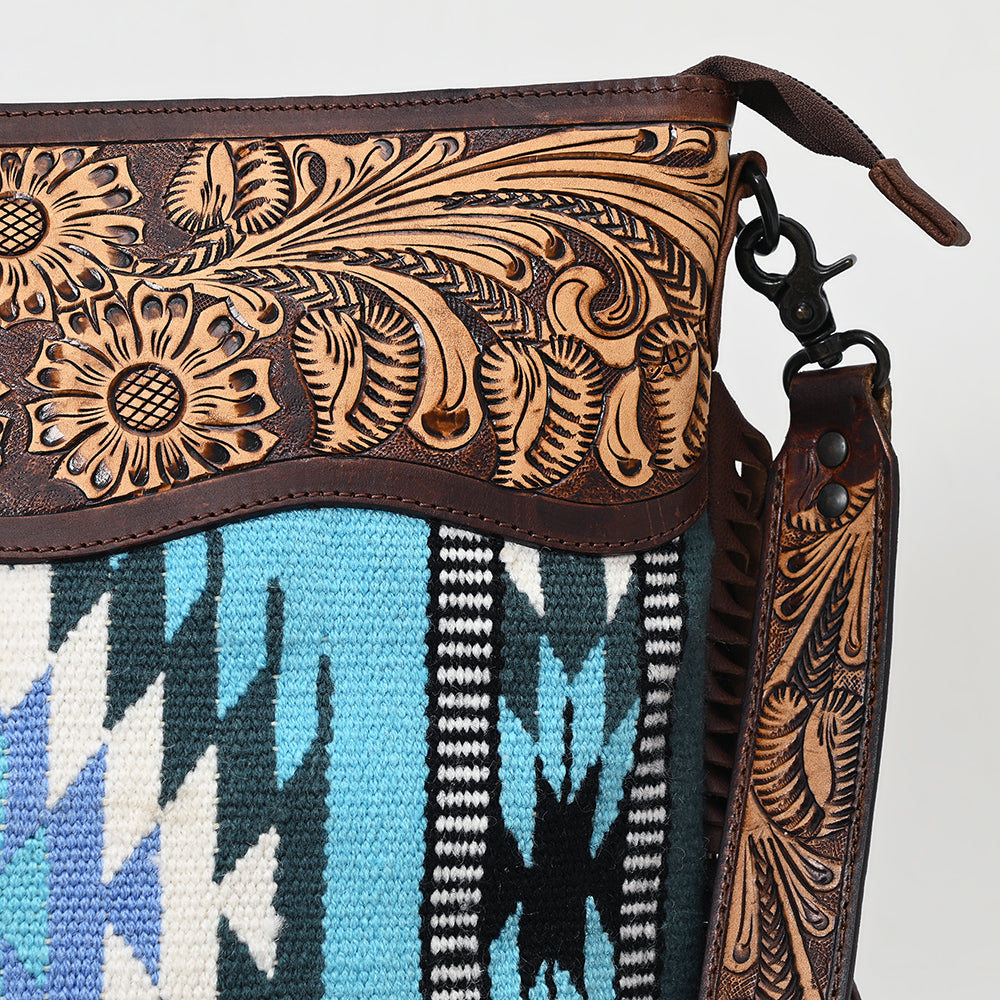 LC-ADBGZ306 Hand Tooled Leather & Wool Aztec Crossbody Bag with Fringe - Turquoise Southwestern Design