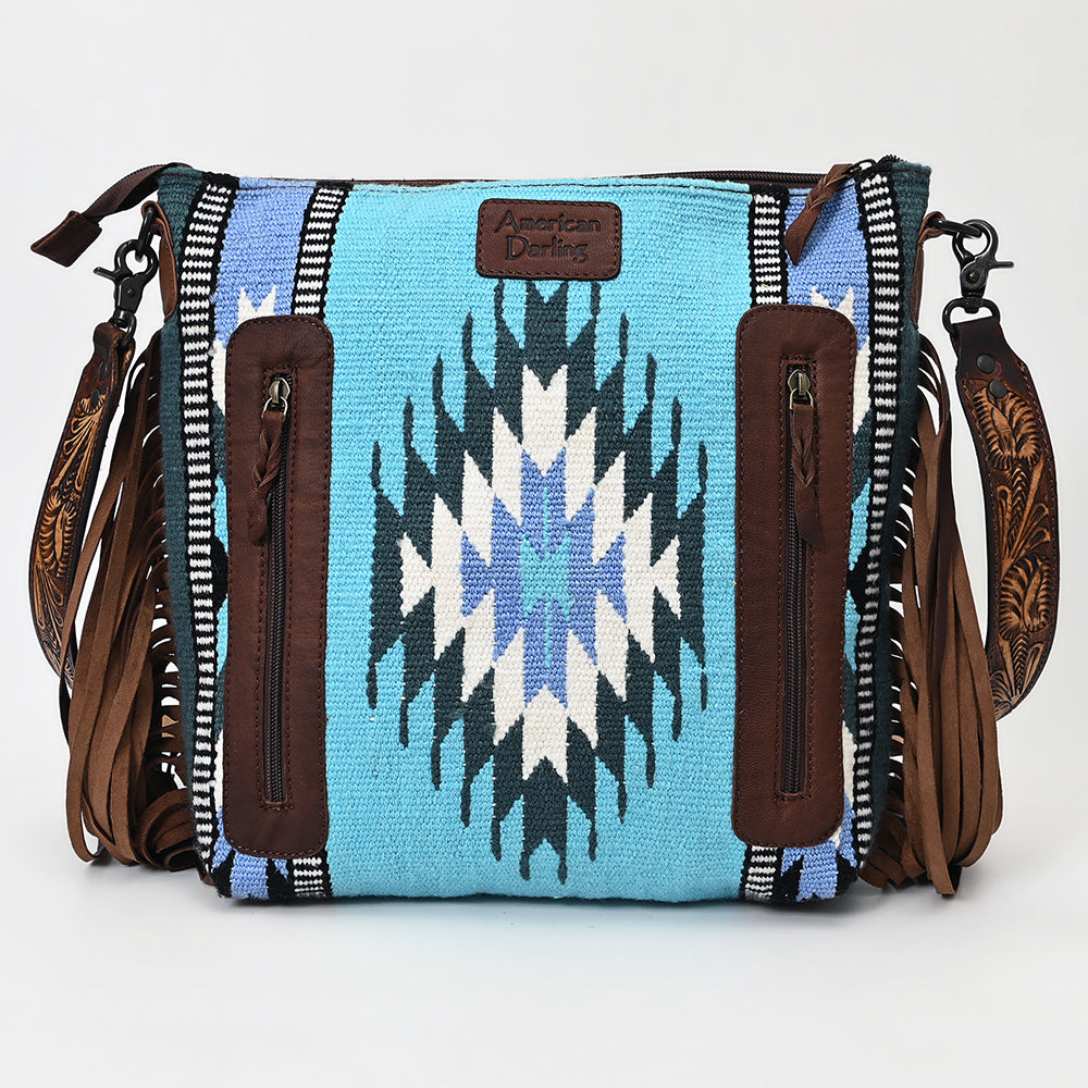 LC-ADBGZ306 Hand Tooled Leather & Wool Aztec Crossbody Bag with Fringe - Turquoise Southwestern Design
