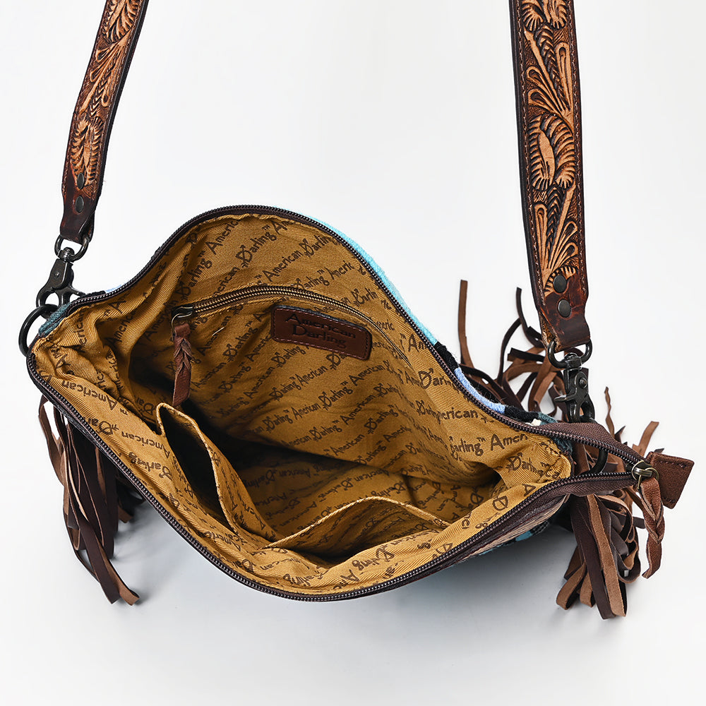 LC-ADBGZ306 Hand Tooled Leather & Wool Aztec Crossbody Bag with Fringe - Turquoise Southwestern Design