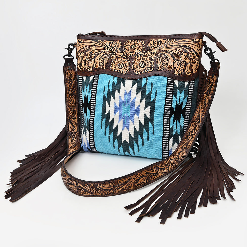 LC-ADBGZ306 Hand Tooled Leather & Wool Aztec Crossbody Bag with Fringe - Turquoise Southwestern Design