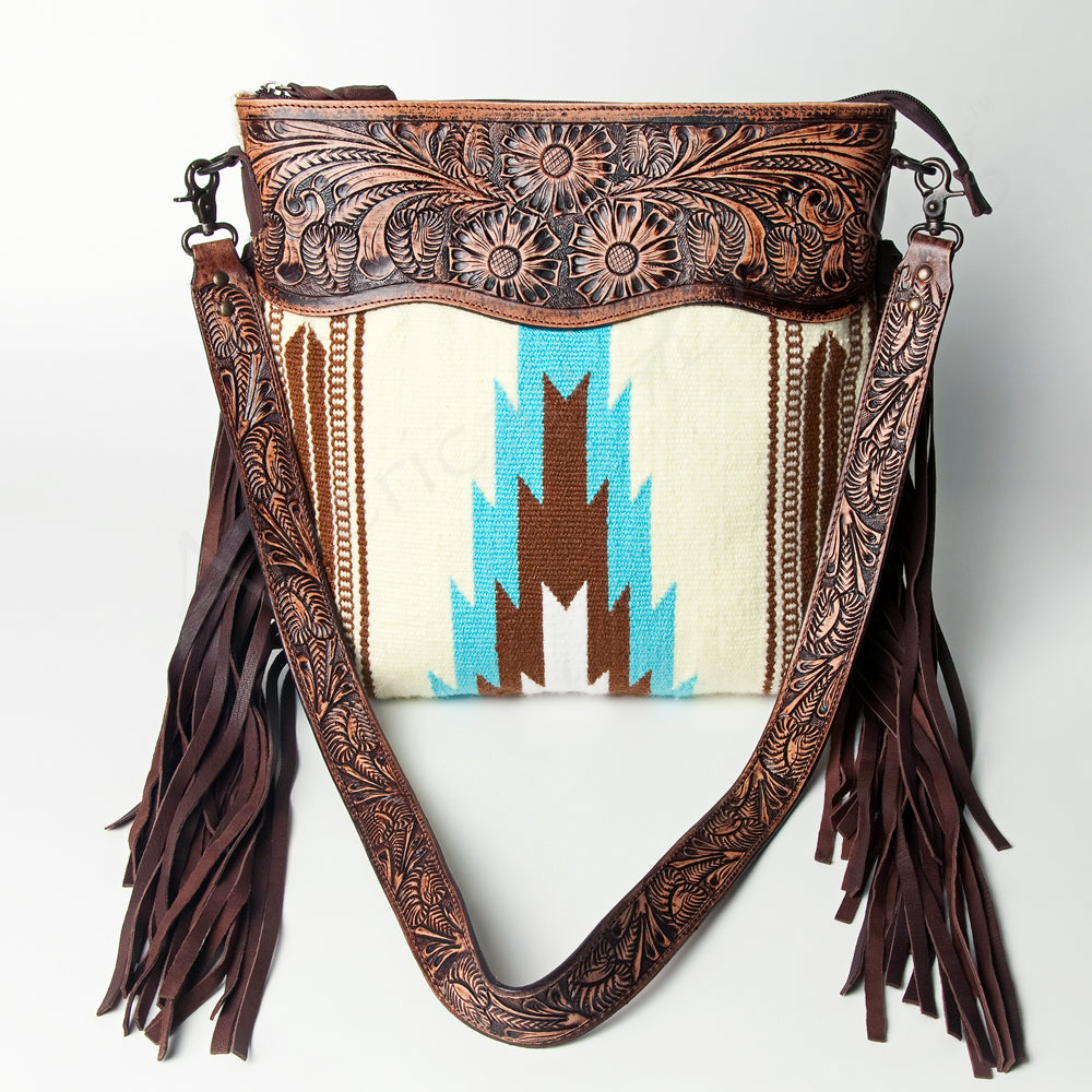 LC-ADBGZ306 Hand Tooled Leather & Wool Aztec Crossbody Bag with Fringe - Turquoise Southwestern Design