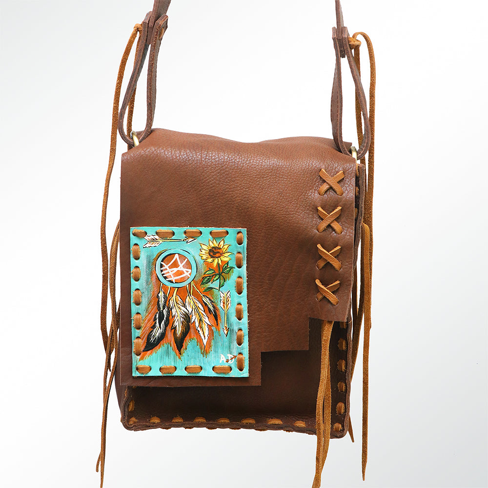 ADBGM115 Hand-Painted Leather Crossbody Bag - Western Artwork with Laced Stitching