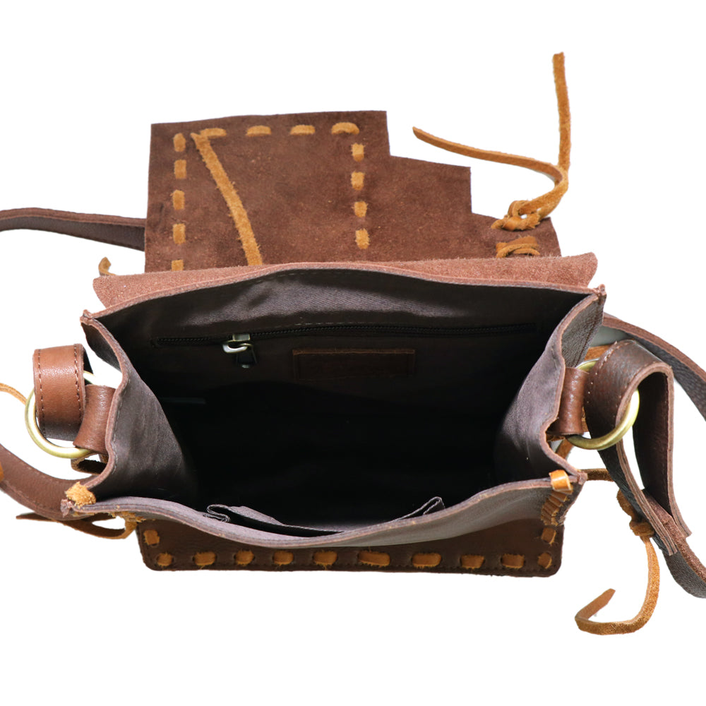 ADBGM115 Hand-Painted Leather Crossbody Bag - Western Artwork with Laced Stitching