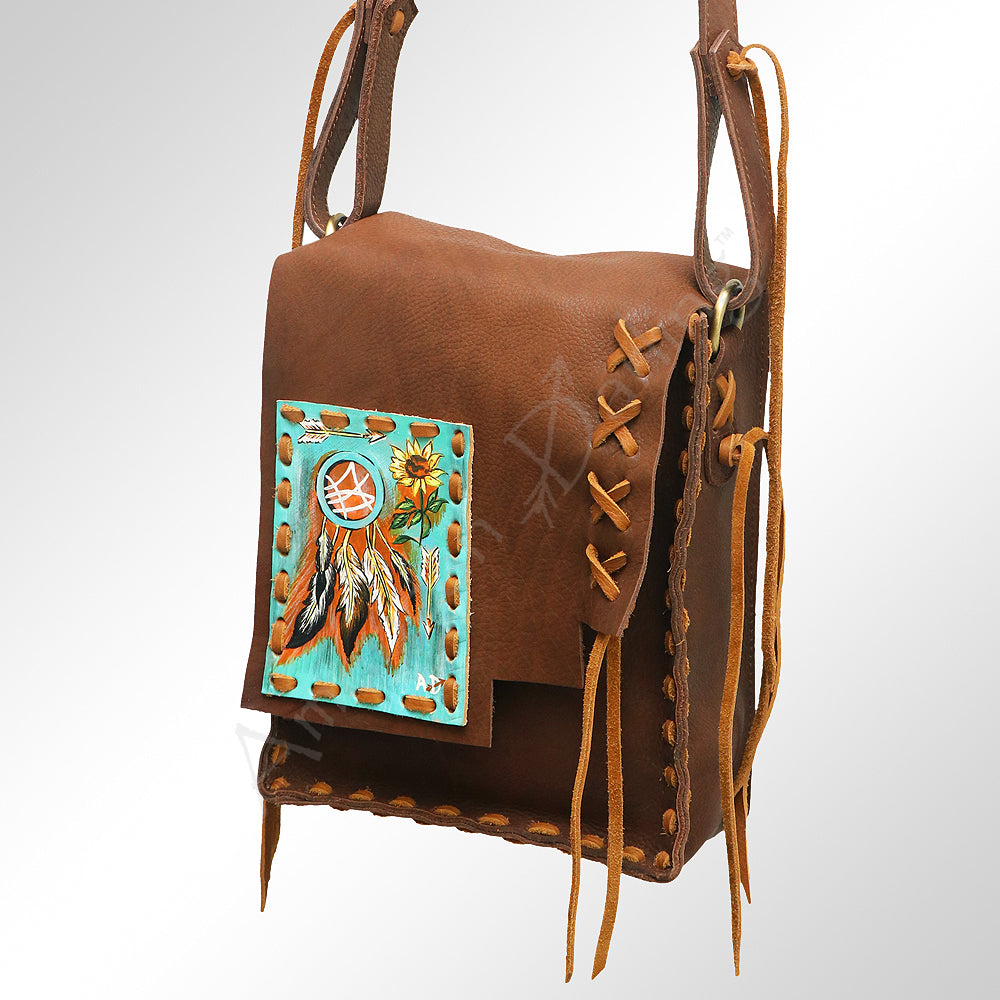 ADBGM115 Hand-Painted Leather Crossbody Bag - Western Artwork with Laced Stitching