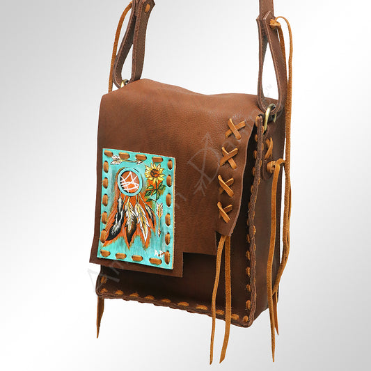 ADBGM115 Hand-Painted Leather Crossbody Bag - Western Artwork with Laced Stitching
