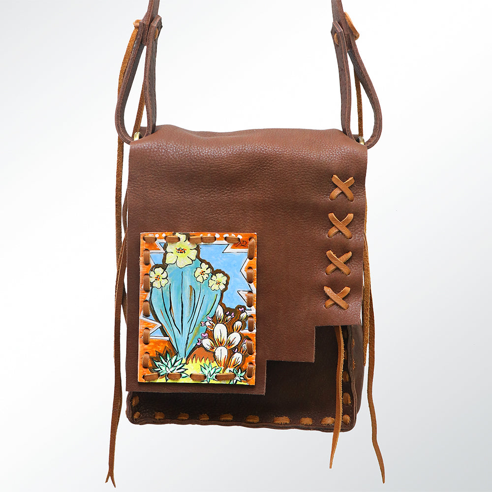 ADBGM115 Hand-Painted Leather Crossbody Bag - Western Artwork with Laced Stitching