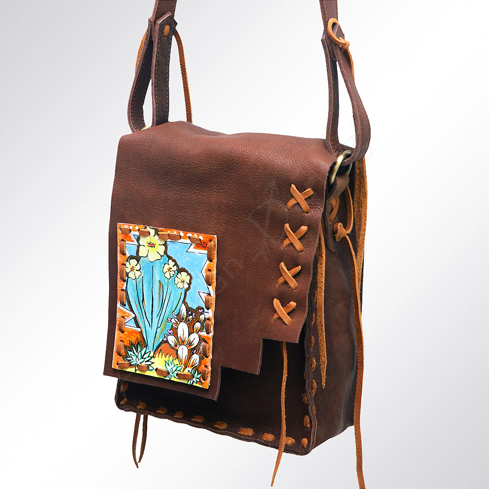 ADBGM115 Hand-Painted Leather Crossbody Bag - Western Artwork with Laced Stitching