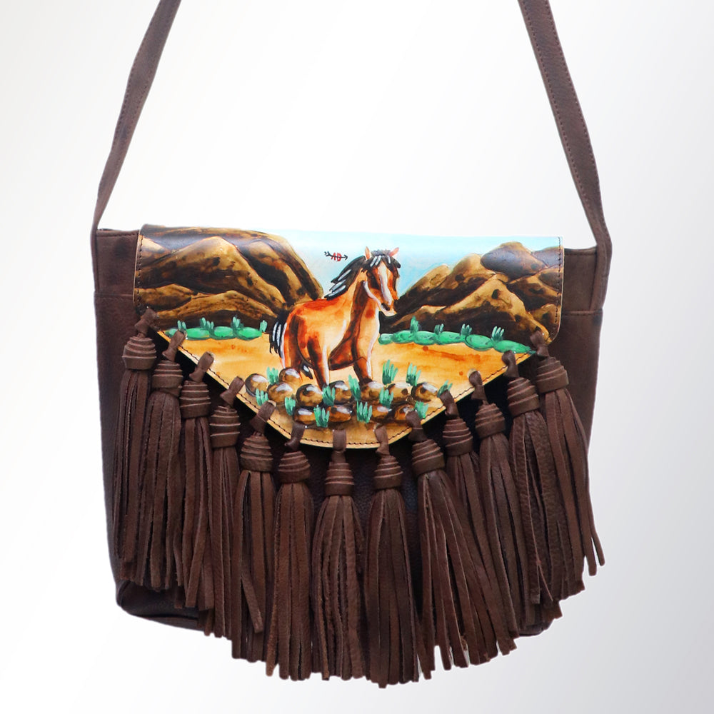 ADBGM118 Hand-Painted Leather Fringe Crossbody Bag - Western Scene Artwork