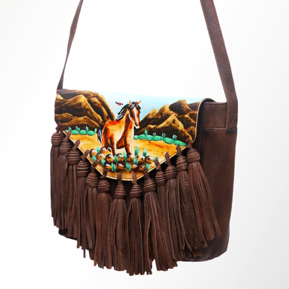 ADBGM118 Hand-Painted Leather Fringe Crossbody Bag - Western Scene Artwork