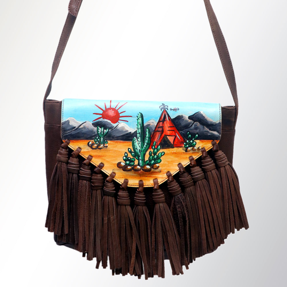 ADBGM118 Hand-Painted Leather Fringe Crossbody Bag - Western Scene Artwork