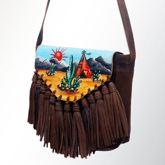 ADBGM118 Hand-Painted Leather Fringe Crossbody Bag - Western Scene Artwork