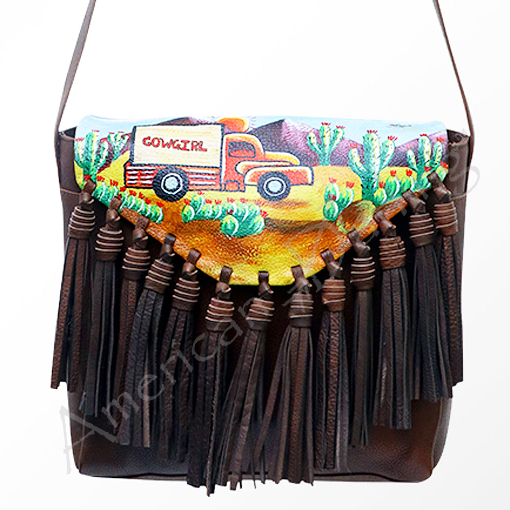 ADBGM118 Hand-Painted Leather Fringe Crossbody Bag - Western Scene Artwork
