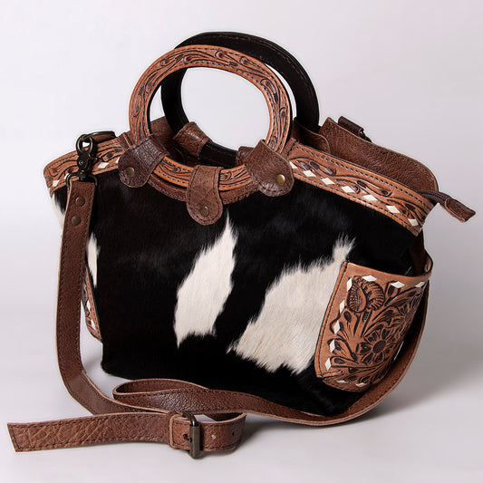 LC-ADBG623 Hair-On Cowhide Tote Bag with Hand-Tooled Leather Handles & Accents