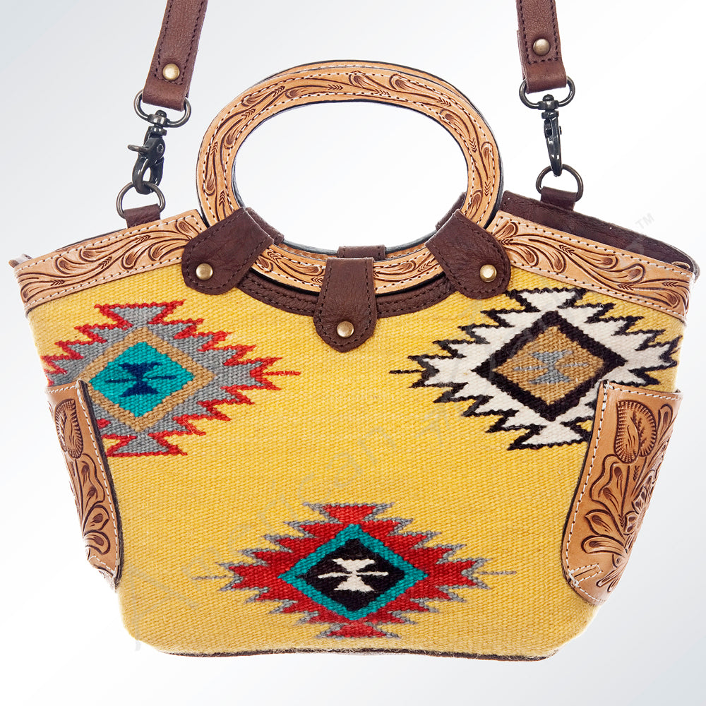 ADBG623C American Darling Yellow Aztec Saddle Blanket & Hand Tooled Leather Tote Bag