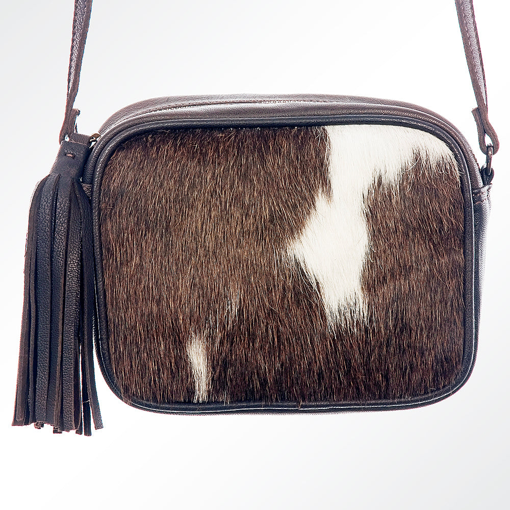 LC-ADBGZ312A Cowhide Leather Crossbody Bag - Genuine Hair-On Hide with Tassel Accent