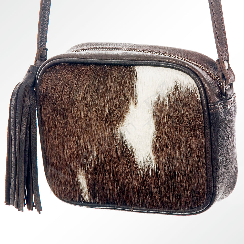 LC-ADBGZ312A Cowhide Leather Crossbody Bag - Genuine Hair-On Hide with Tassel Accent