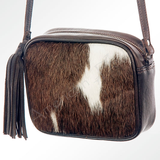 LC-ADBGZ312A Cowhide Leather Crossbody Bag - Genuine Hair-On Hide with Tassel Accent