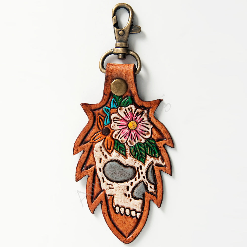 LC-ADKR164 Tooled Leather Skull Keyring   Floral Design with Swivel Clip