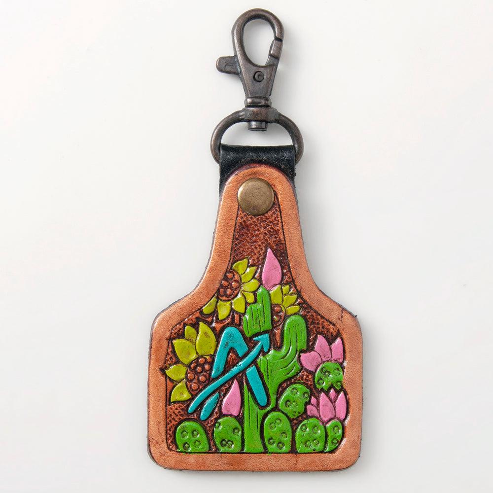 LC-ADKR213 Hand-Tooled Western Leather Keyring   Cactus & Sunflower with Pink Blooms