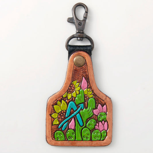 LC-ADKR213 Hand-Tooled Western Leather Keyring   Cactus & Sunflower with Pink Blooms
