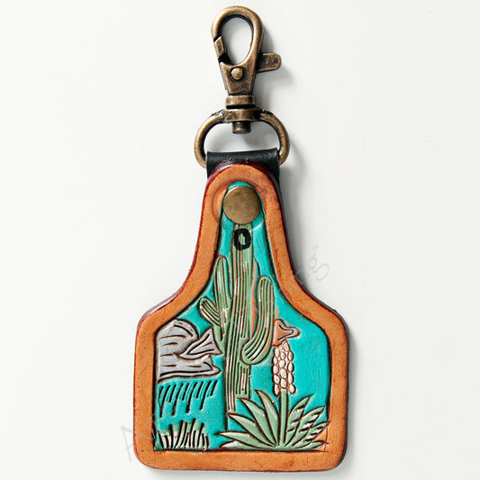 ADKR167 Tooled Leather Keyring Desert Landscape with Cactus & Cliff Design