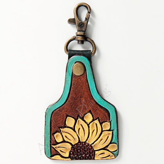 ADKR168 Tooled Leather Keychain Sunflower Design with Turquoise Border