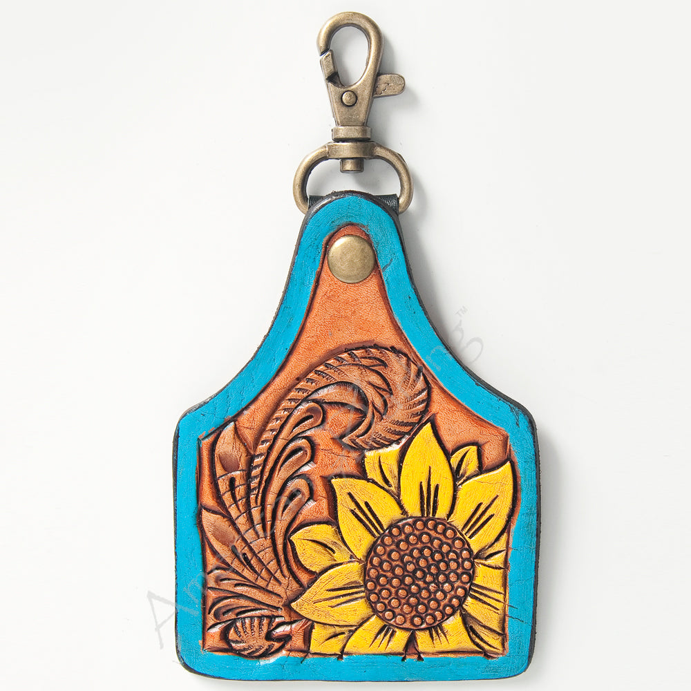 ADKR170 Tooled Leather Keychain   Sunflower & Western Scroll with Turquoise Border