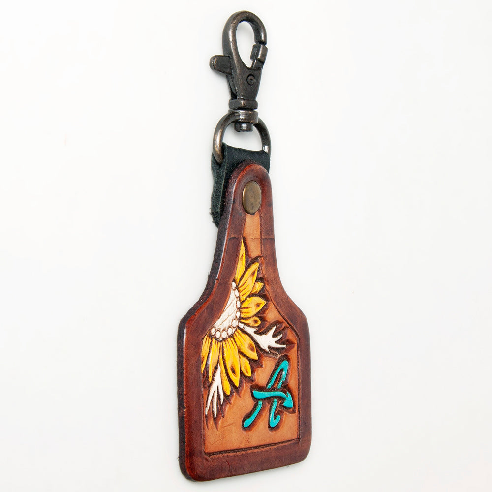 LC-ADKR214 Hand-Tooled Leather Keyring   Sunflower with Turquoise  A  Accent