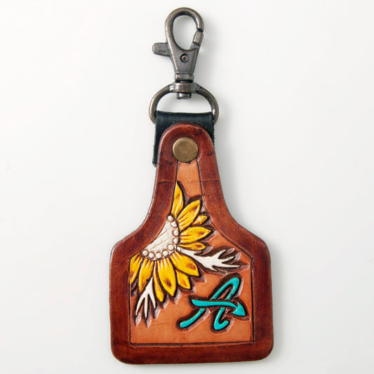 LC-ADKR214 Hand-Tooled Leather Keyring   Sunflower with Turquoise  A  Accent