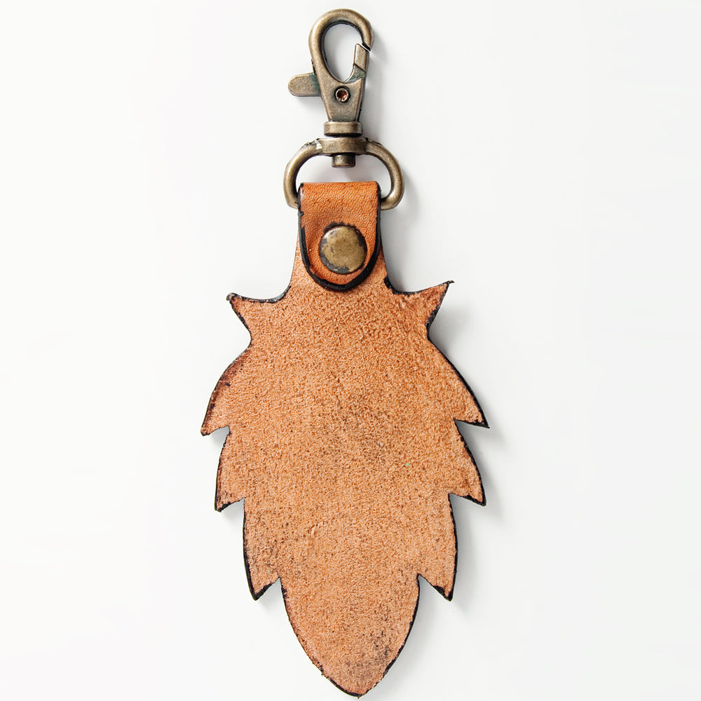 ADKR172 Tooled Leather Keyring Native Headdress, Cactus & Sunflower Motif