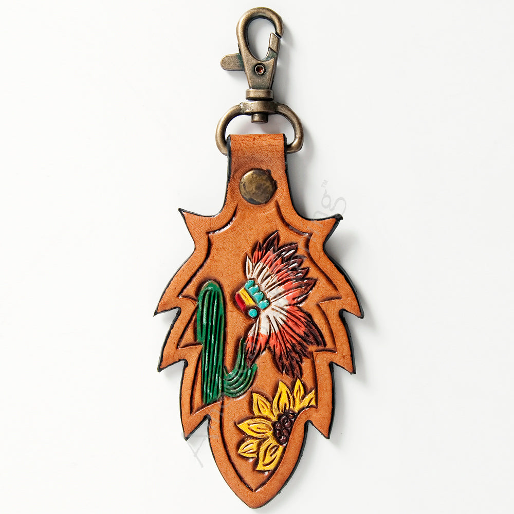 ADKR172 Tooled Leather Keyring Native Headdress, Cactus & Sunflower Motif