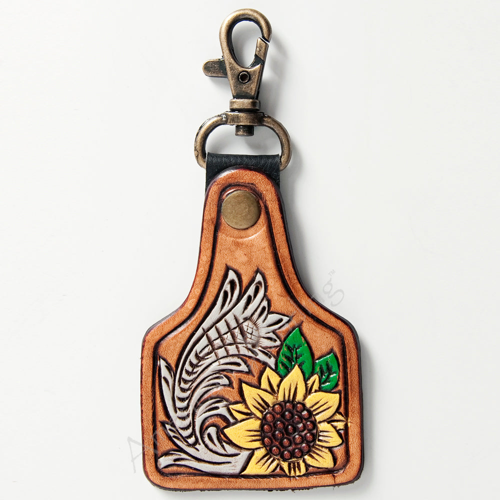 ADKR174 Hand-Tooled Leather Sunflower Western Keyring with Swivel Clasp