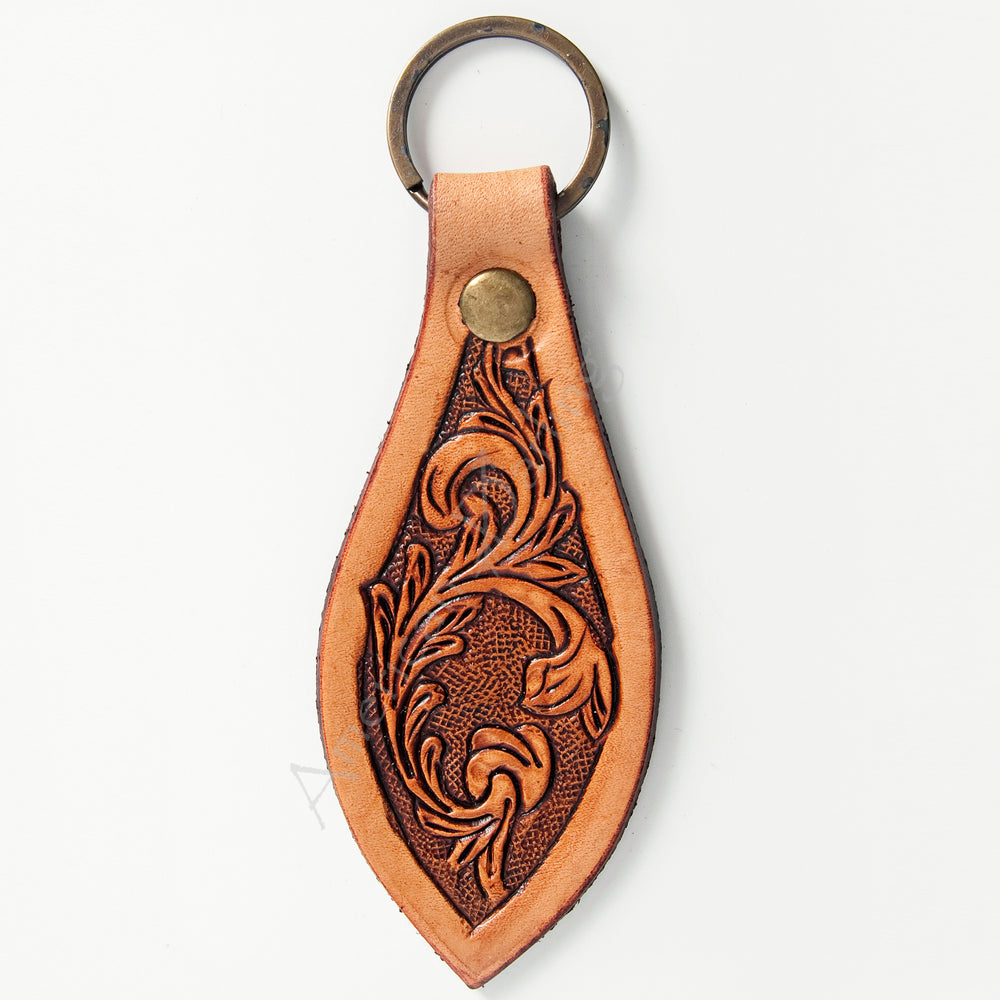ADKR176 Hand-Tooled Teardrop Leather keyring with Western Floral Design