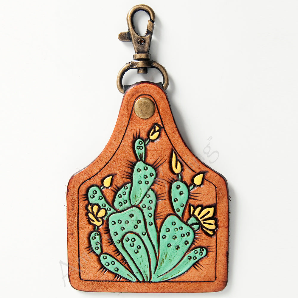 ADKR177 Hand-Tooled Leather Cactus keyring with Swivel Clasp   Western Style