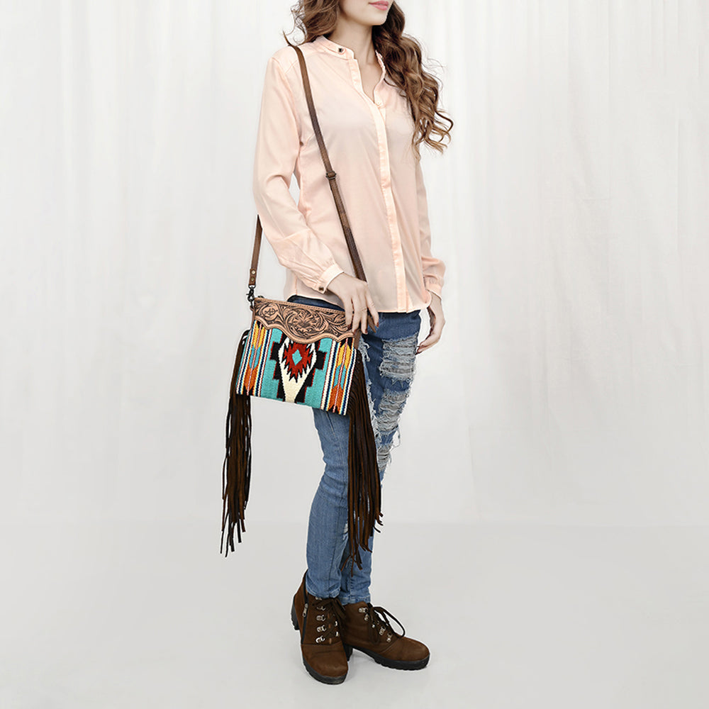 ADBG236 Southwestern Handwoven Crossbody Bag with Hand-Tooled Leather Flap and Long Fringes