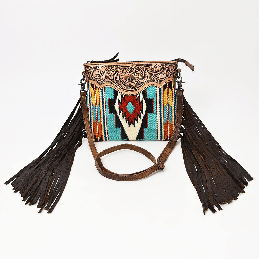 ADBG236 Southwestern Handwoven Crossbody Bag with Hand-Tooled Leather Flap and Long Fringes