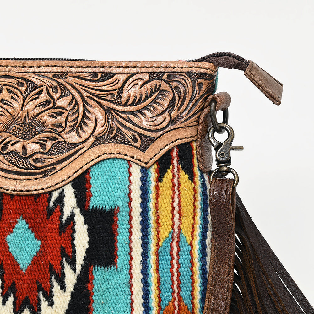 ADBG236 Southwestern Handwoven Crossbody Bag with Hand-Tooled Leather Flap and Long Fringes