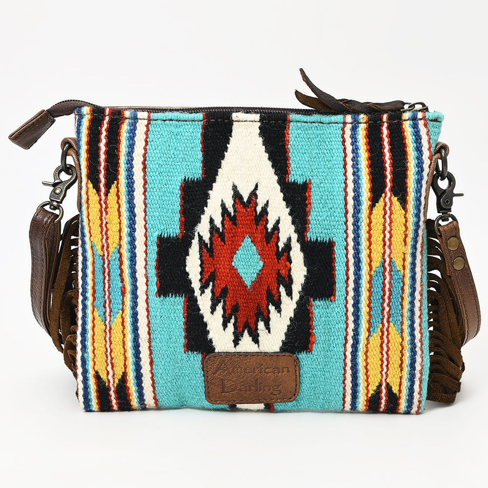 ADBG236 Southwestern Handwoven Crossbody Bag with Hand-Tooled Leather Flap and Long Fringes